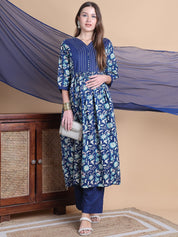 Blue Floral Cotton Maternity Suit Sets With Dupatta