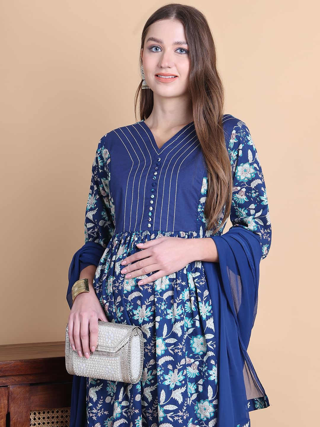 Blue Floral Cotton Maternity Suit Sets With Dupatta
