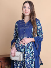 Blue Floral Cotton Maternity Suit Sets With Dupatta