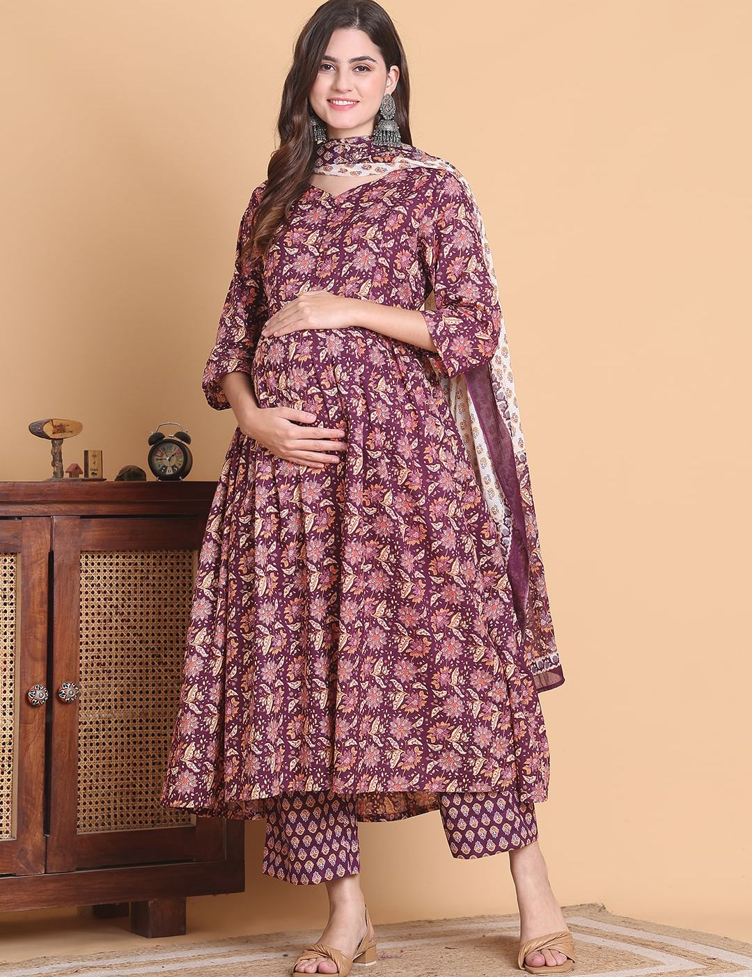 Purple Floral Cotton Calf Length Maternity Suit Sets With Dupatta