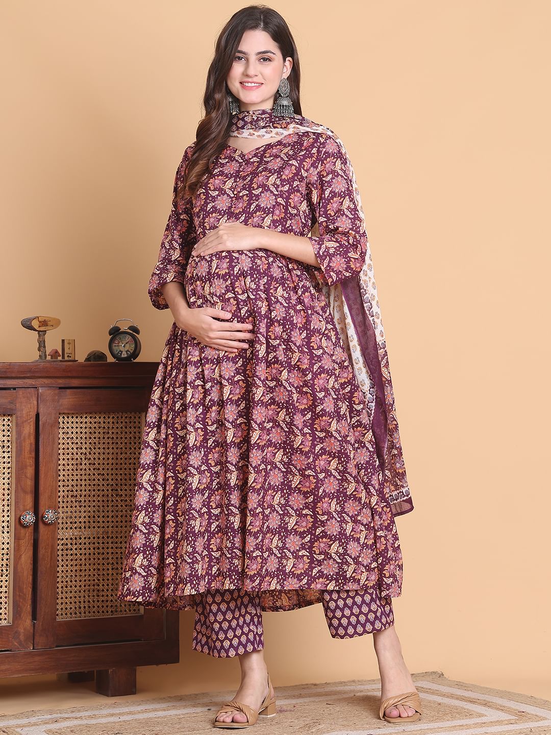 Purple Floral Cotton Calf Length Maternity Suit Sets With Dupatta