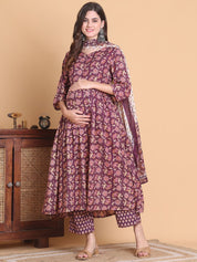 Purple Floral Cotton Calf Length Maternity Suit Sets With Dupatta