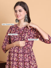 Purple Floral Cotton Calf Length Maternity Suit Sets With Dupatta
