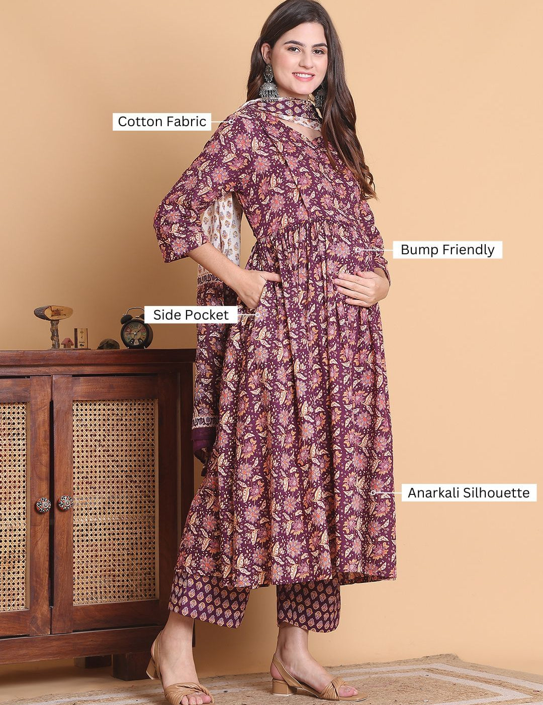 Purple Floral Cotton Calf Length Maternity Suit Sets With Dupatta