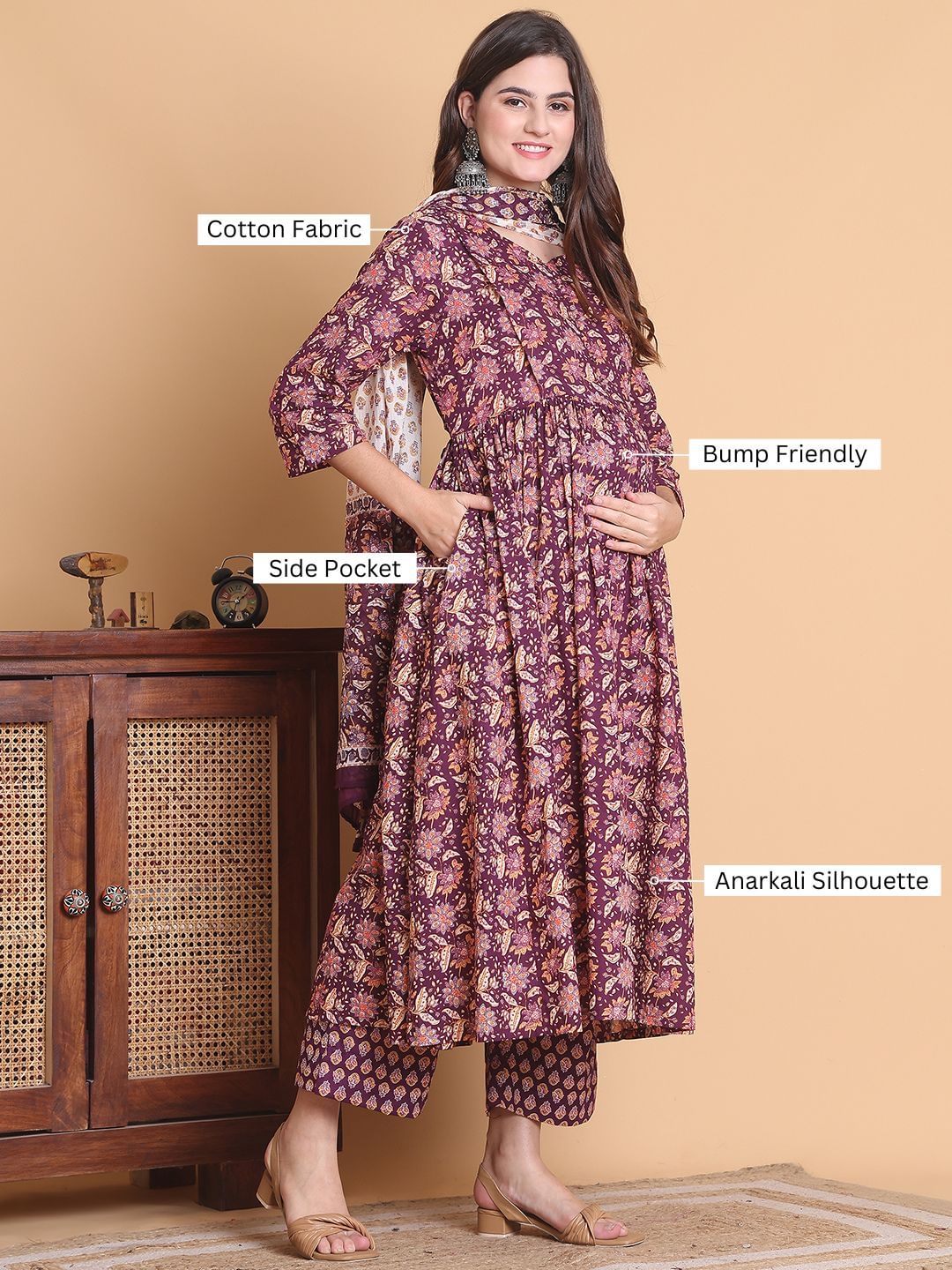 Purple Floral Cotton Calf Length Maternity Suit Sets With Dupatta