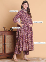 Purple Floral Cotton Calf Length Maternity Suit Sets With Dupatta