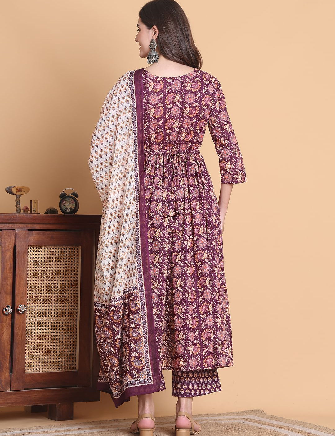 Purple Floral Cotton Calf Length Maternity Suit Sets With Dupatta