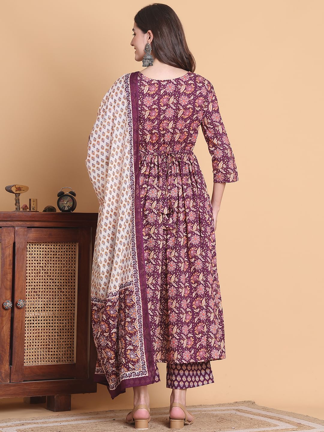 Purple Floral Cotton Calf Length Maternity Suit Sets With Dupatta