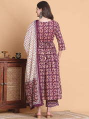 Purple Floral Cotton Calf Length Maternity Suit Sets With Dupatta