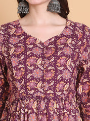 Purple Floral Cotton Calf Length Maternity Suit Sets With Dupatta