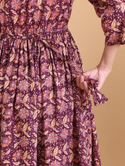 Purple Floral Cotton Calf Length Maternity Suit Sets With Dupatta