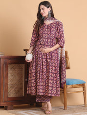 Purple Floral Cotton Calf Length Maternity Suit Sets With Dupatta