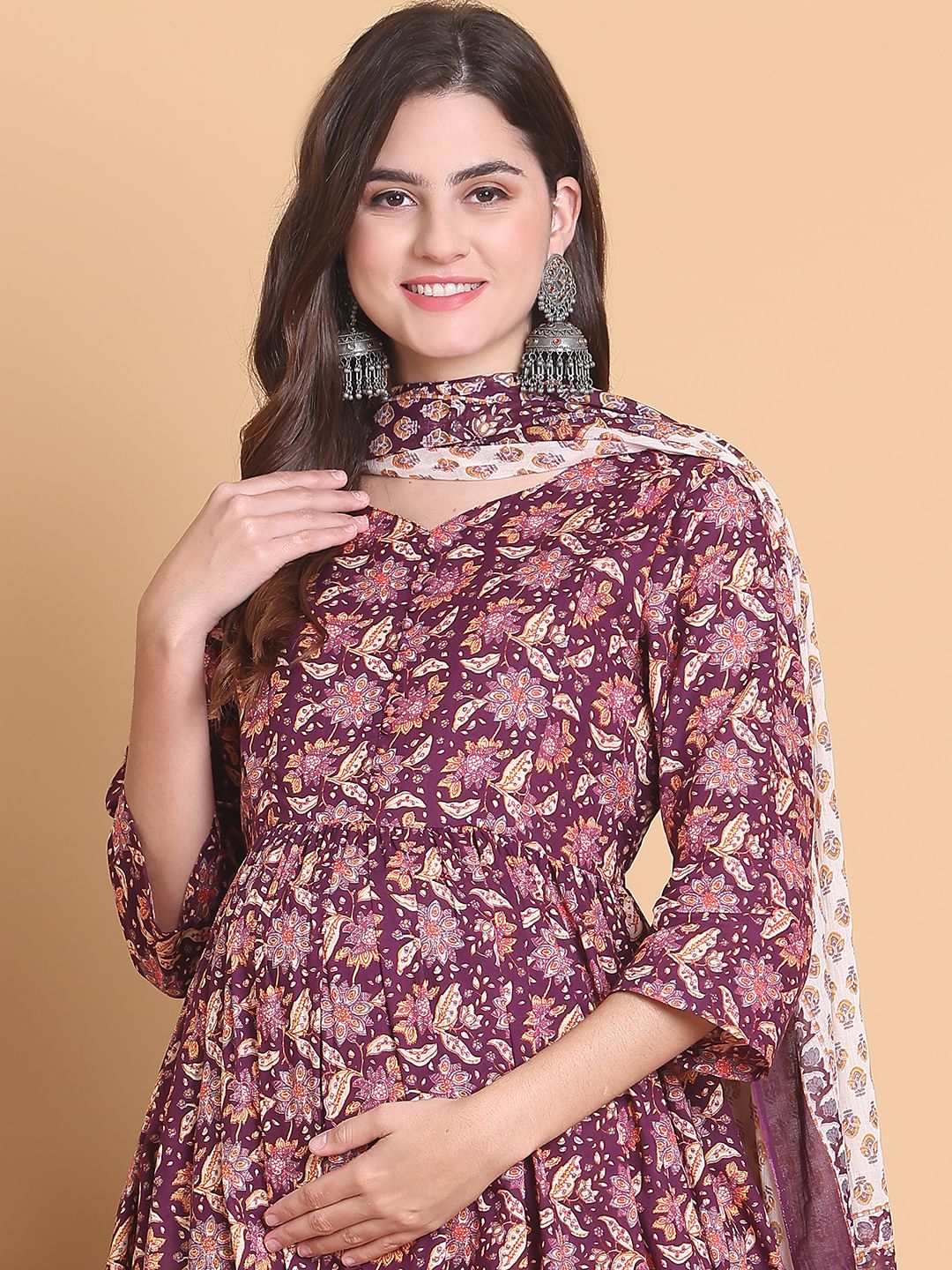 Purple Floral Cotton Calf Length Maternity Suit Sets With Dupatta