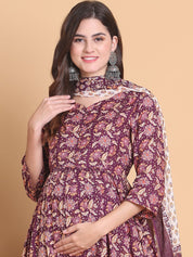 Purple Floral Cotton Calf Length Maternity Suit Sets With Dupatta