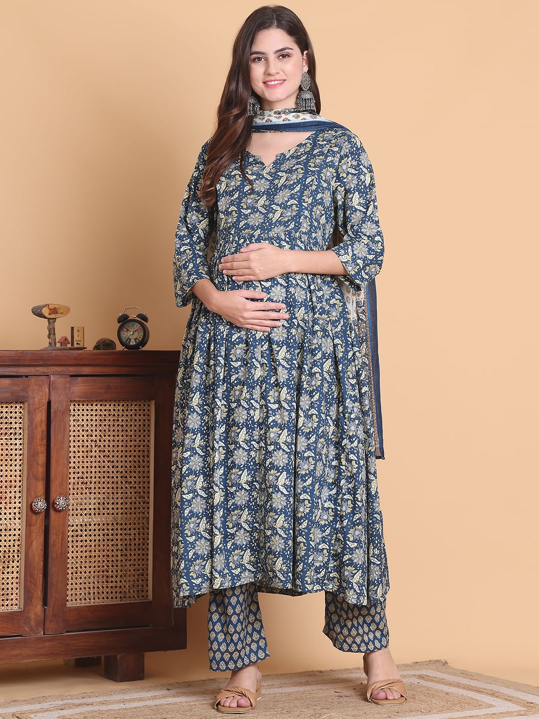 Blue Floral Cotton Calf Length Maternity Suit Sets With Dupatta