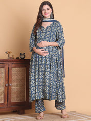 Blue Floral Cotton Calf Length Maternity Suit Sets With Dupatta