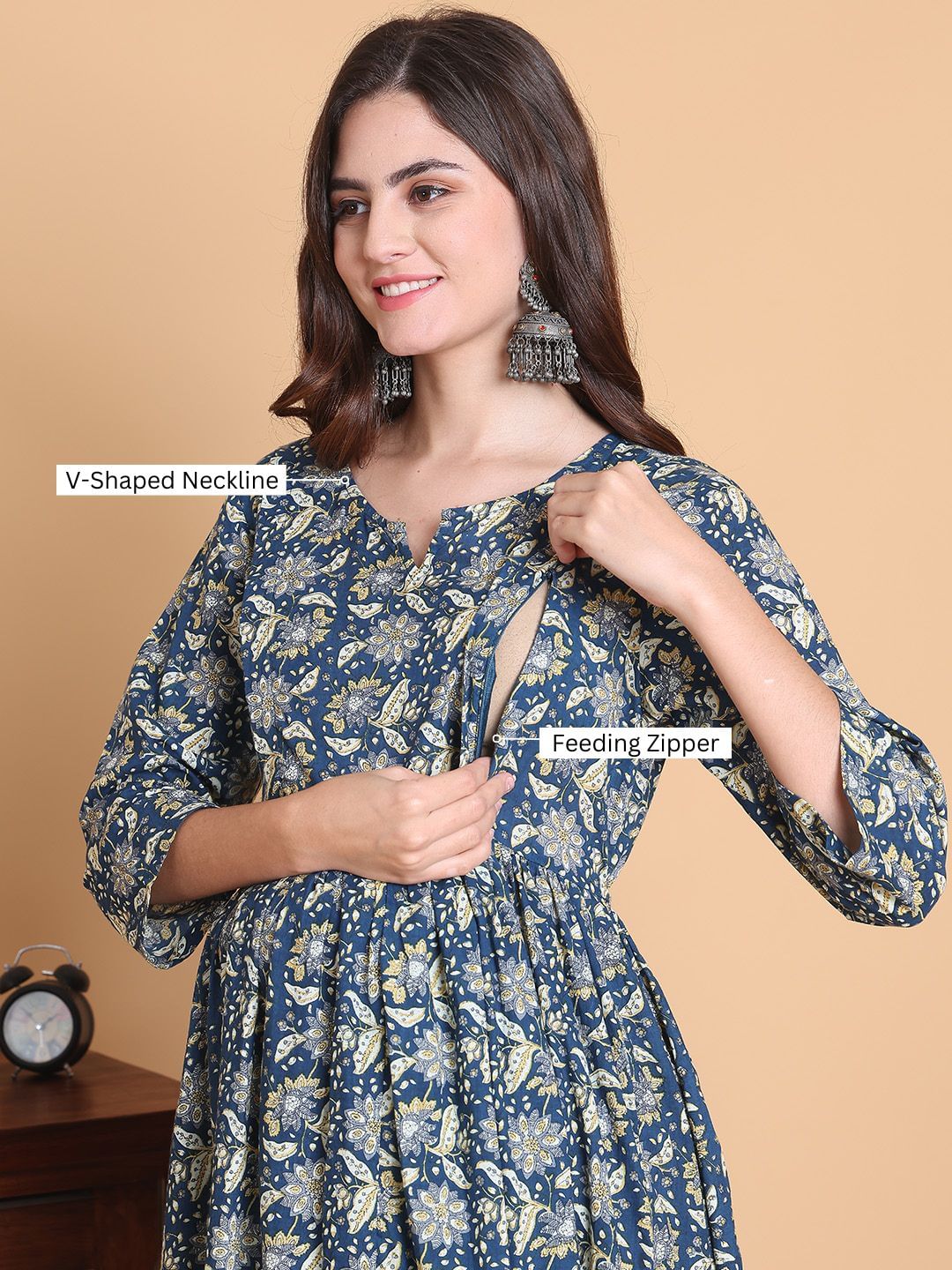Blue Floral Cotton Calf Length Maternity Suit Sets With Dupatta