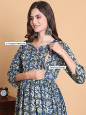 Blue Floral Cotton Calf Length Maternity Suit Sets With Dupatta