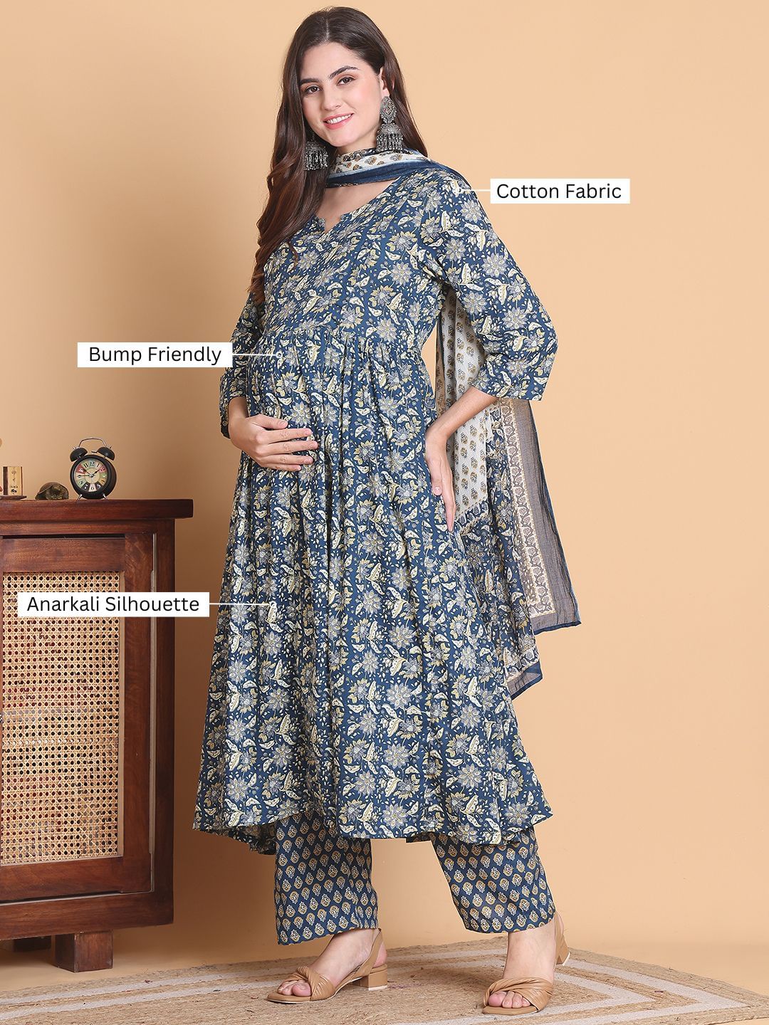 Blue Floral Cotton Calf Length Maternity Suit Sets With Dupatta