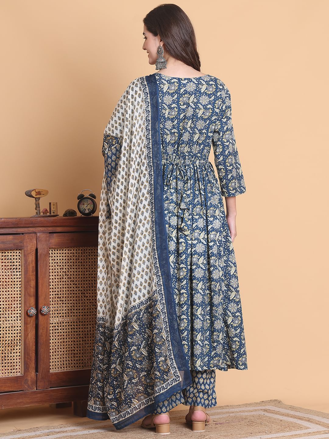 Blue Floral Cotton Calf Length Maternity Suit Sets With Dupatta