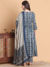 Blue Floral Cotton Calf Length Maternity Suit Sets With Dupatta