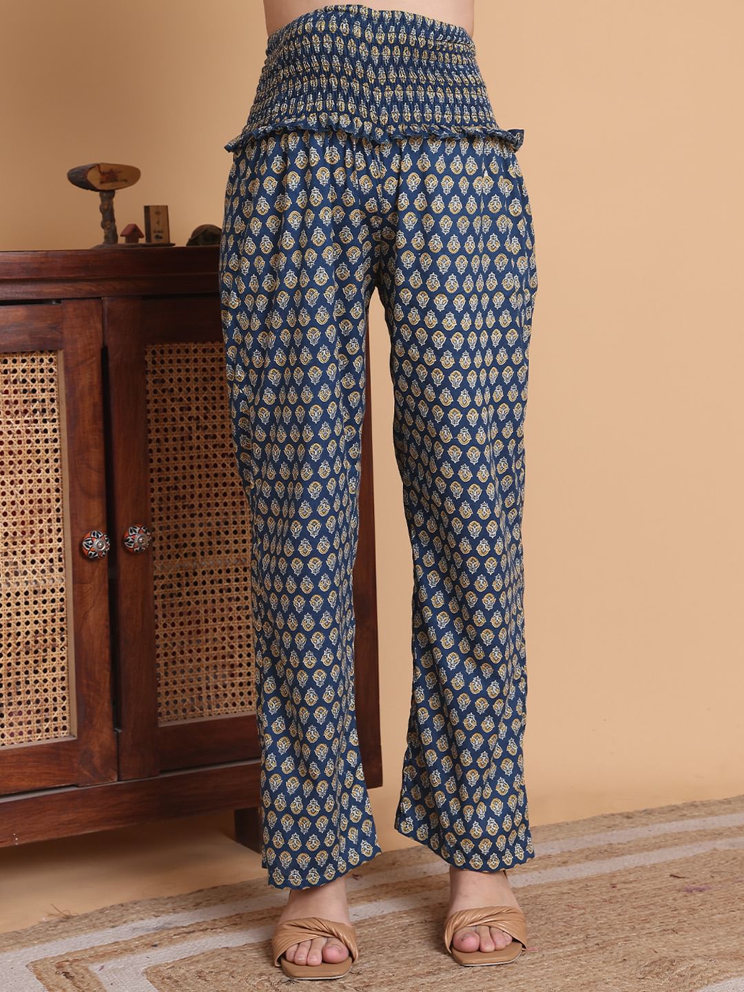 Blue Floral Cotton Calf Length Maternity Suit Sets With Dupatta