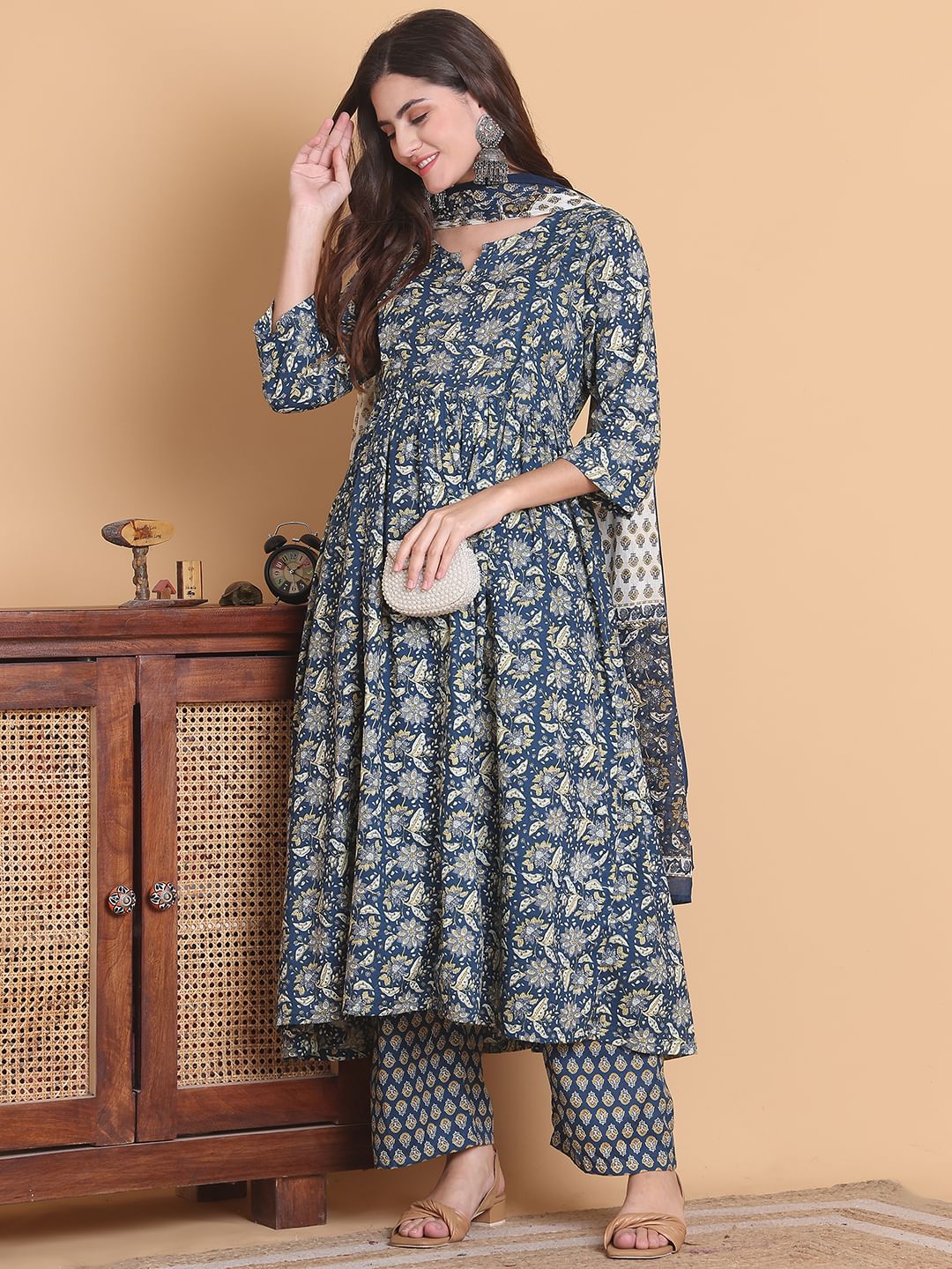 Blue Floral Cotton Calf Length Maternity Suit Sets With Dupatta