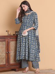 Blue Floral Cotton Calf Length Maternity Suit Sets With Dupatta