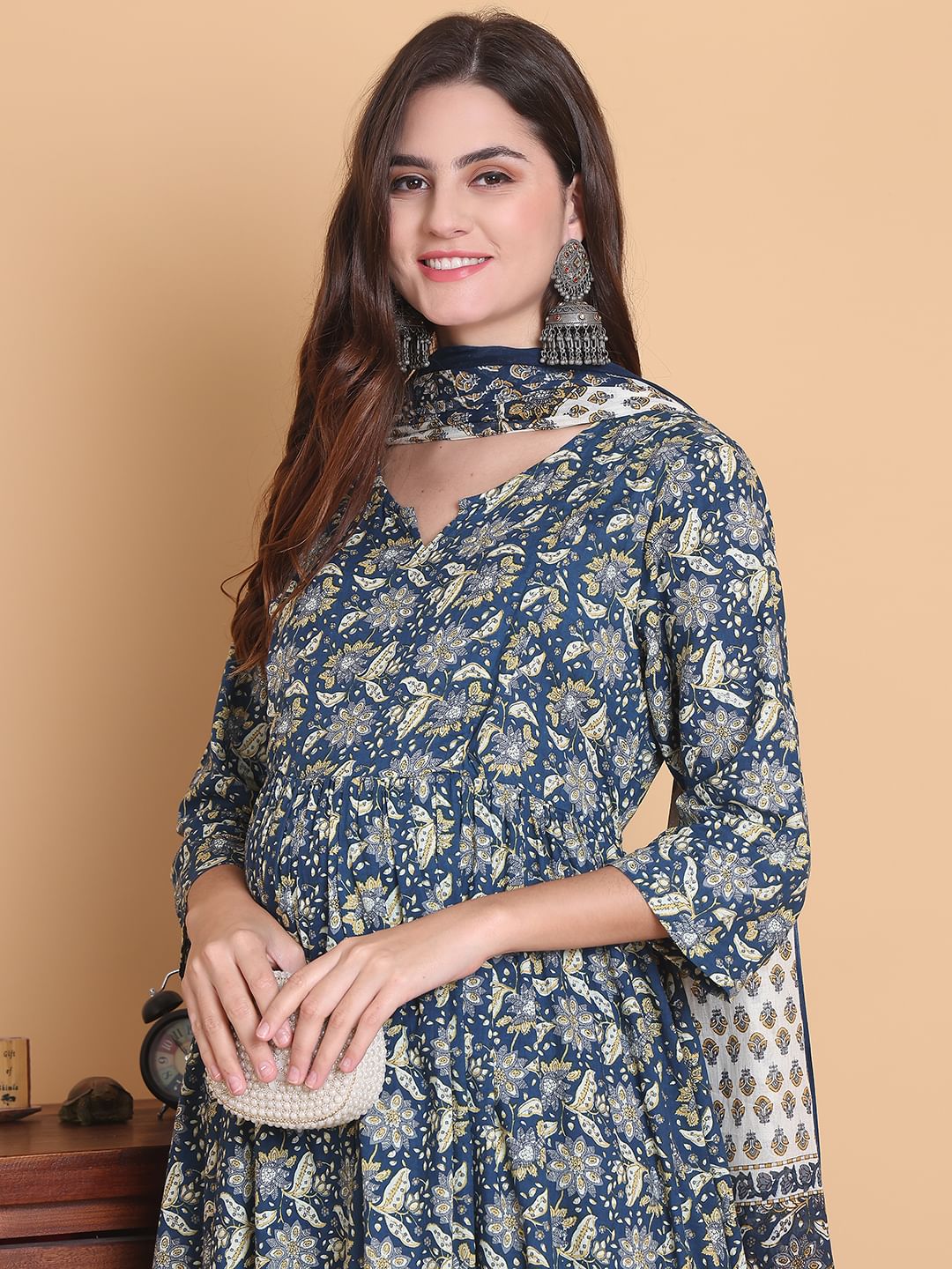 Blue Floral Cotton Calf Length Maternity Suit Sets With Dupatta