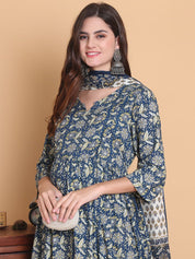 Blue Floral Cotton Calf Length Maternity Suit Sets With Dupatta