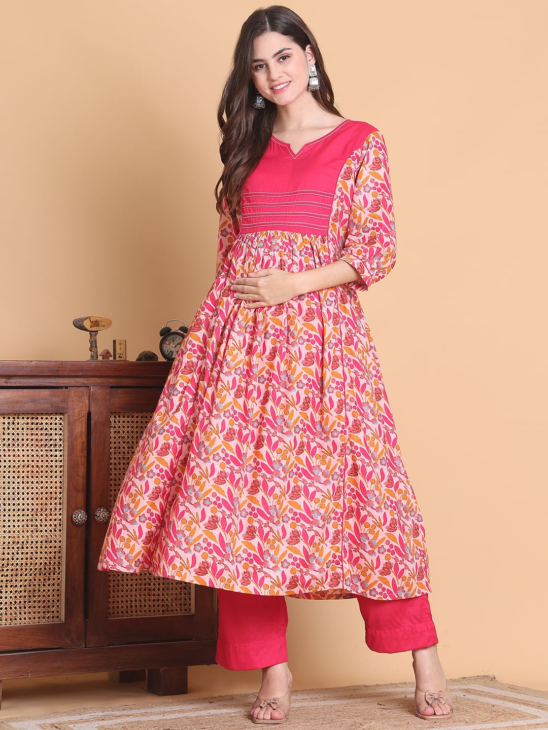 Pink Floral Cotton Calf Length Maternity Suit Set