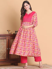 Pink Floral Cotton Calf Length Maternity Suit Set
