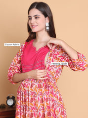 Pink Floral Cotton Calf Length Maternity Suit Set