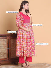 Pink Floral Cotton Calf Length Maternity Suit Set
