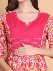 Pink Floral Cotton Calf Length Maternity Suit Set