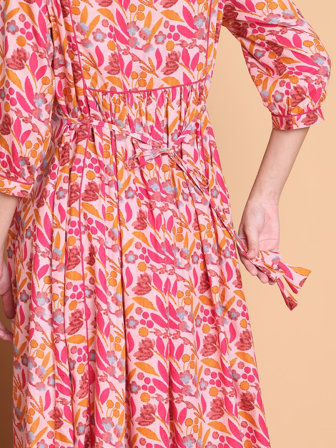 Pink Floral Cotton Calf Length Maternity Suit Set