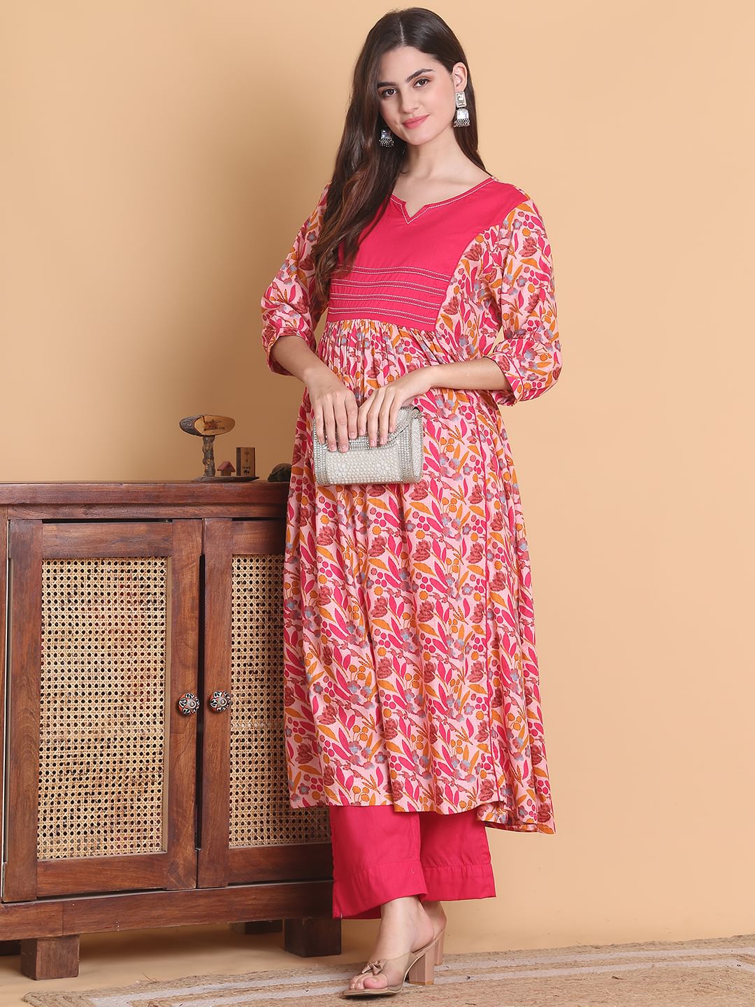 Pink Floral Cotton Calf Length Maternity Suit Set