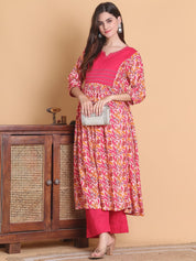 Pink Floral Cotton Calf Length Maternity Suit Set