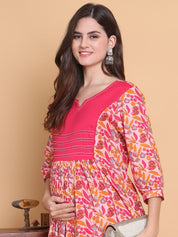 Pink Floral Cotton Calf Length Maternity Suit Set
