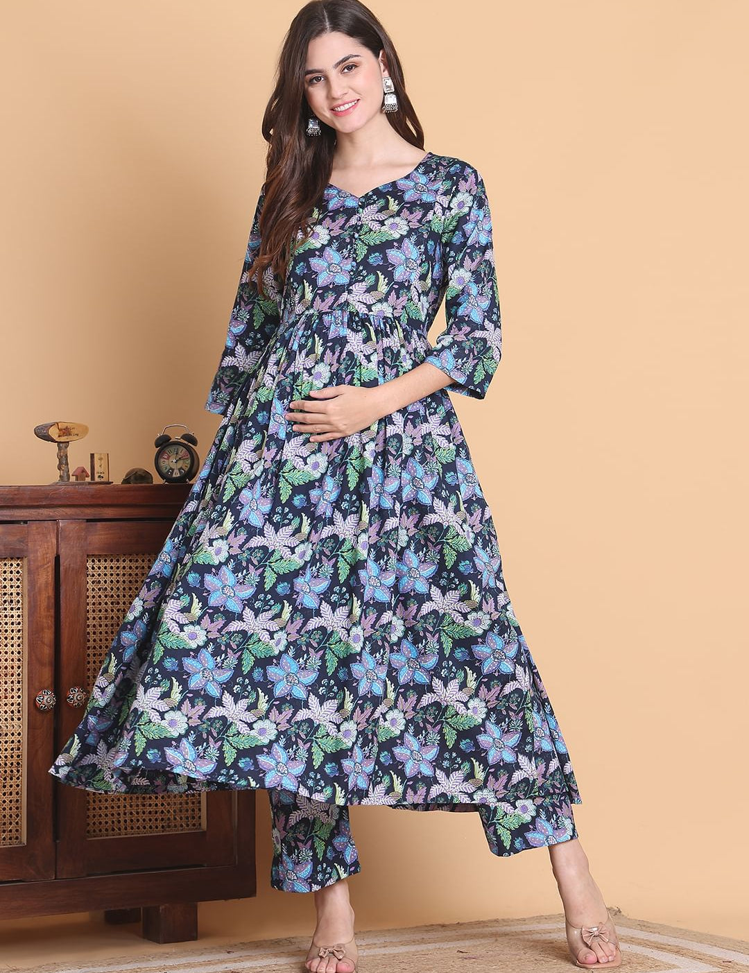Blue Floral Cotton Calf Length Maternity Suit Sets