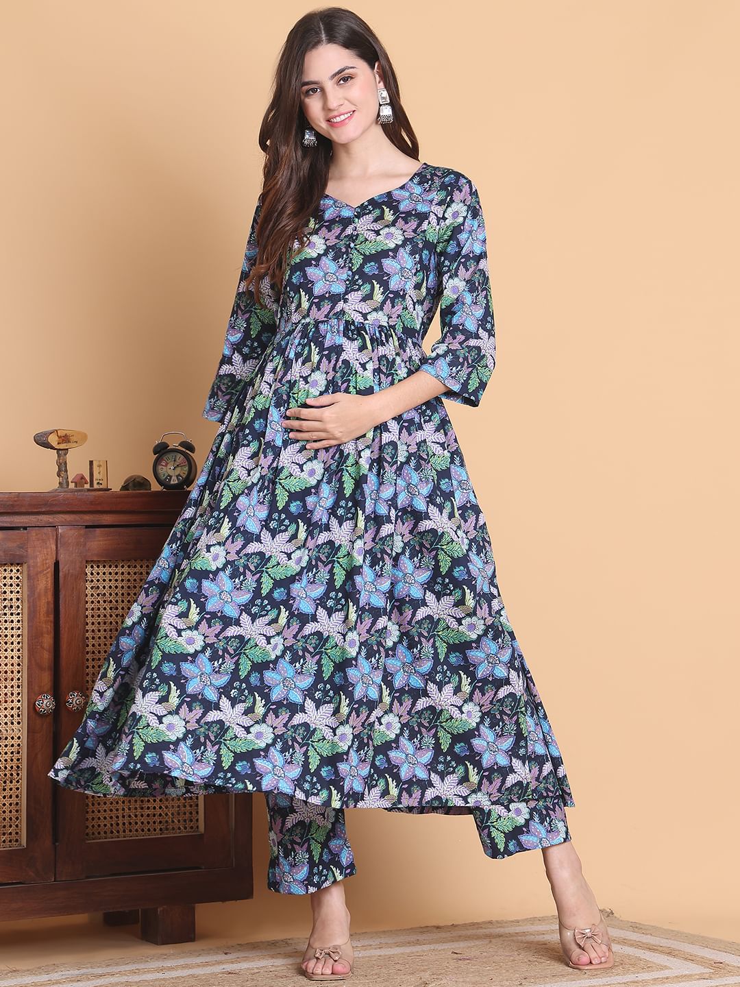 Blue Floral Cotton Calf Length Maternity Suit Sets