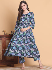 Blue Floral Cotton Calf Length Maternity Suit Sets