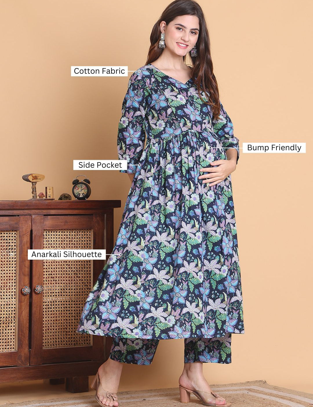 Blue Floral Cotton Calf Length Maternity Suit Sets