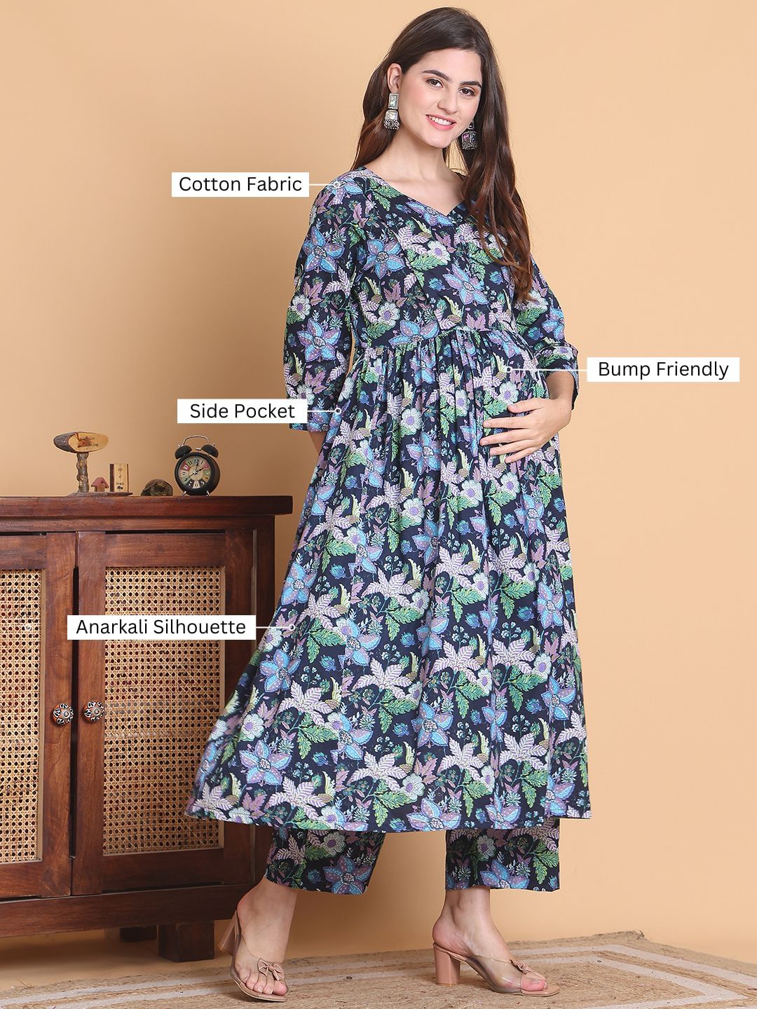 Blue Floral Cotton Calf Length Maternity Suit Sets