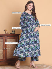 Blue Floral Cotton Calf Length Maternity Suit Sets