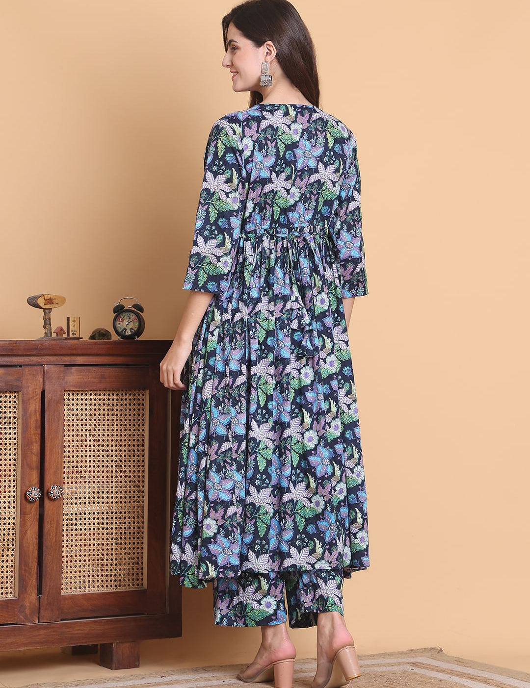 Blue Floral Cotton Calf Length Maternity Suit Sets