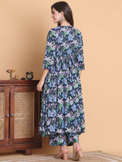 Blue Floral Cotton Calf Length Maternity Suit Sets