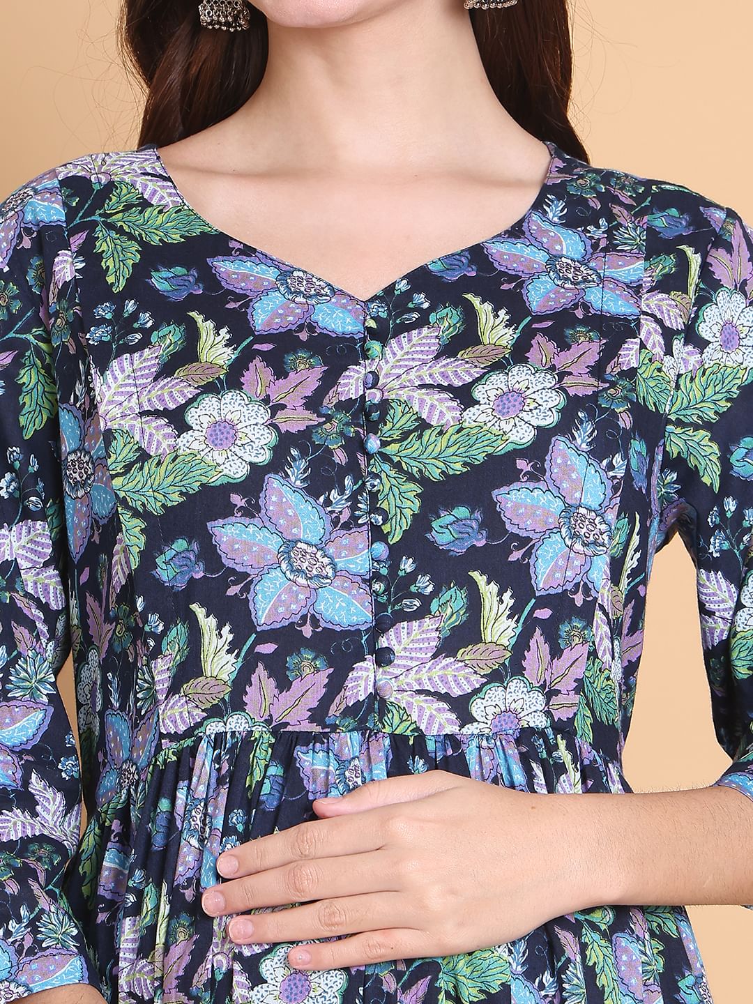 Blue Floral Cotton Calf Length Maternity Suit Sets