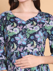 Blue Floral Cotton Calf Length Maternity Suit Sets