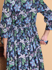 Blue Floral Cotton Calf Length Maternity Suit Sets